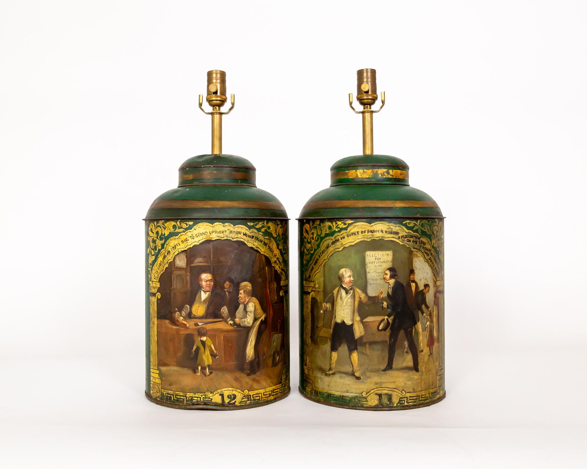 British Colonial Large Green Hand-Painted English Tea Canister Lamps (Pair) For Sale