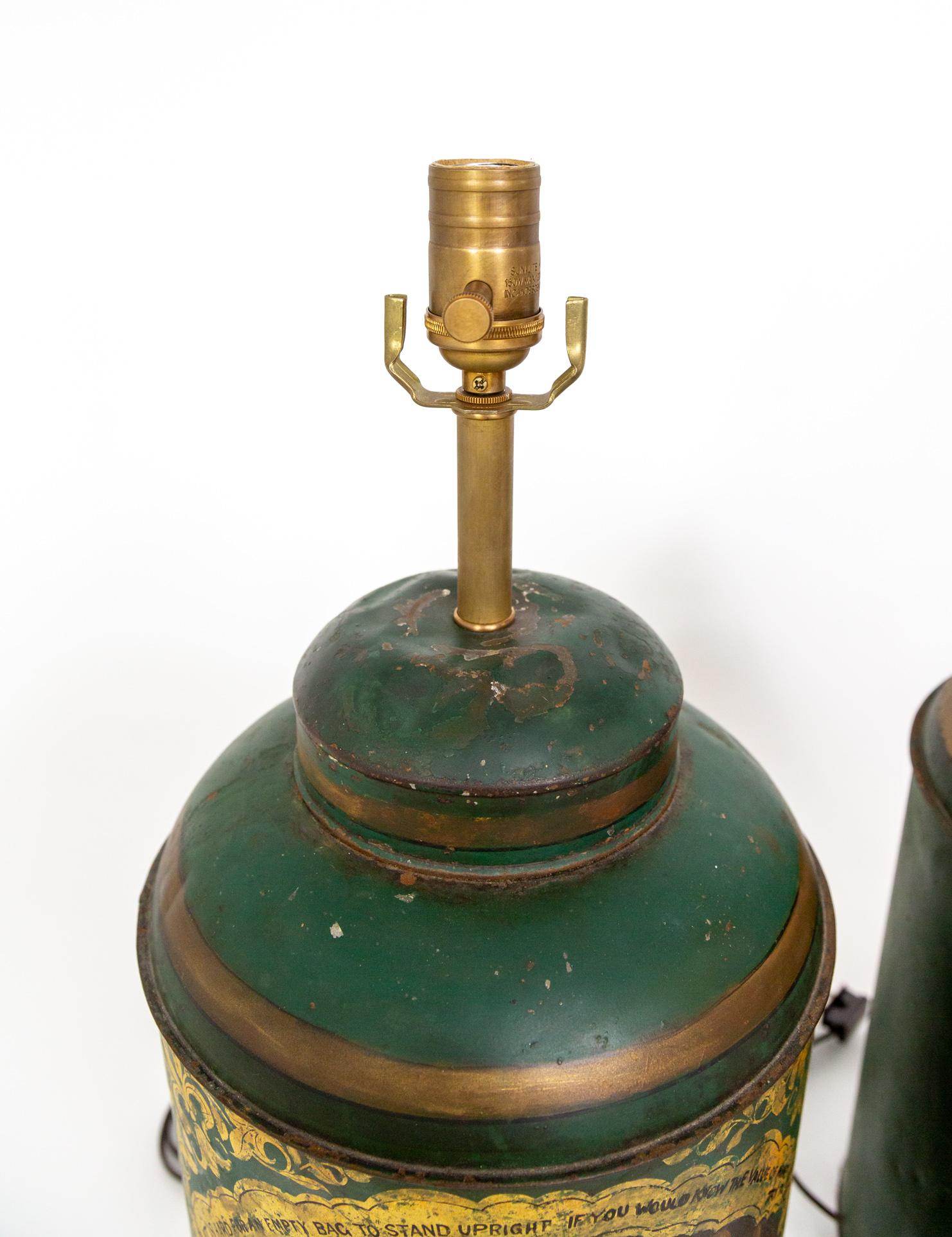 British Large Green Hand-Painted English Tea Canister Lamps (Pair) For Sale