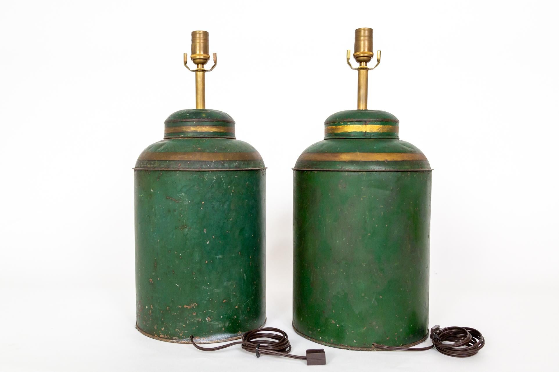 19th Century Large Green Hand-Painted English Tea Canister Lamps (Pair) For Sale