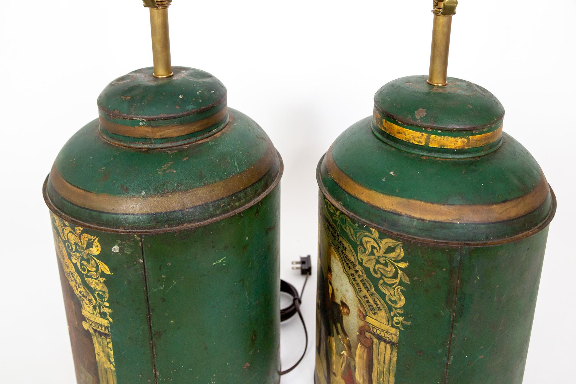 Metal Large Green Hand-Painted English Tea Canister Lamps (Pair) For Sale