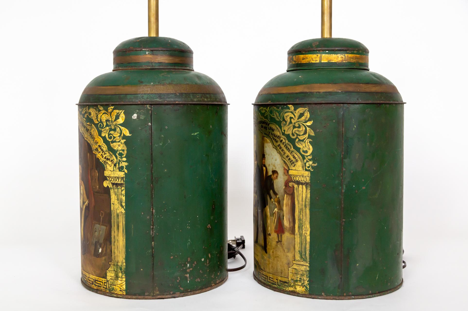 Large Green Hand-Painted English Tea Canister Lamps (Pair) For Sale 1