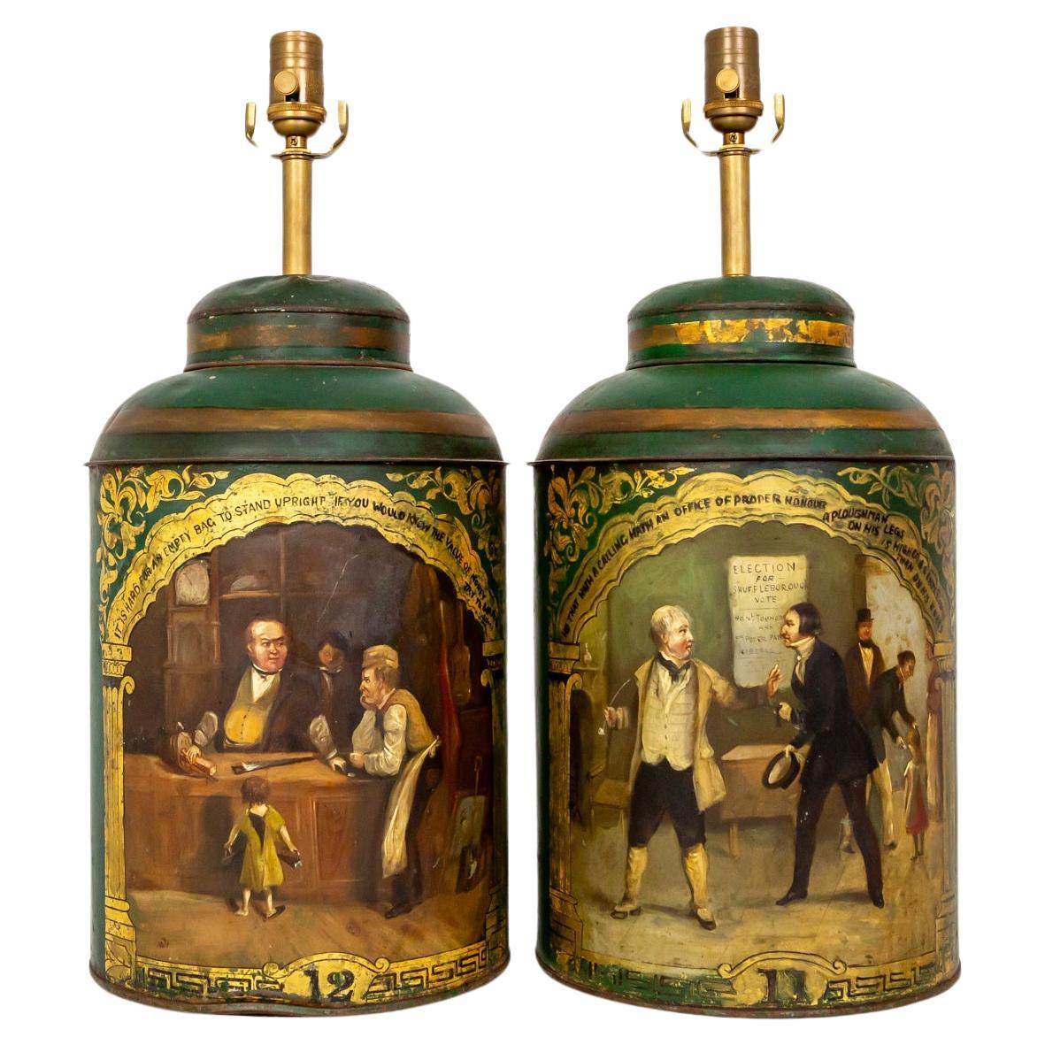 Large Green Hand-Painted English Tea Canister Lamps (Pair)