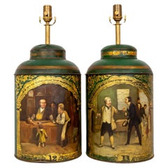 Large Green Hand-Painted English Tea Canister Lamps (Pair)