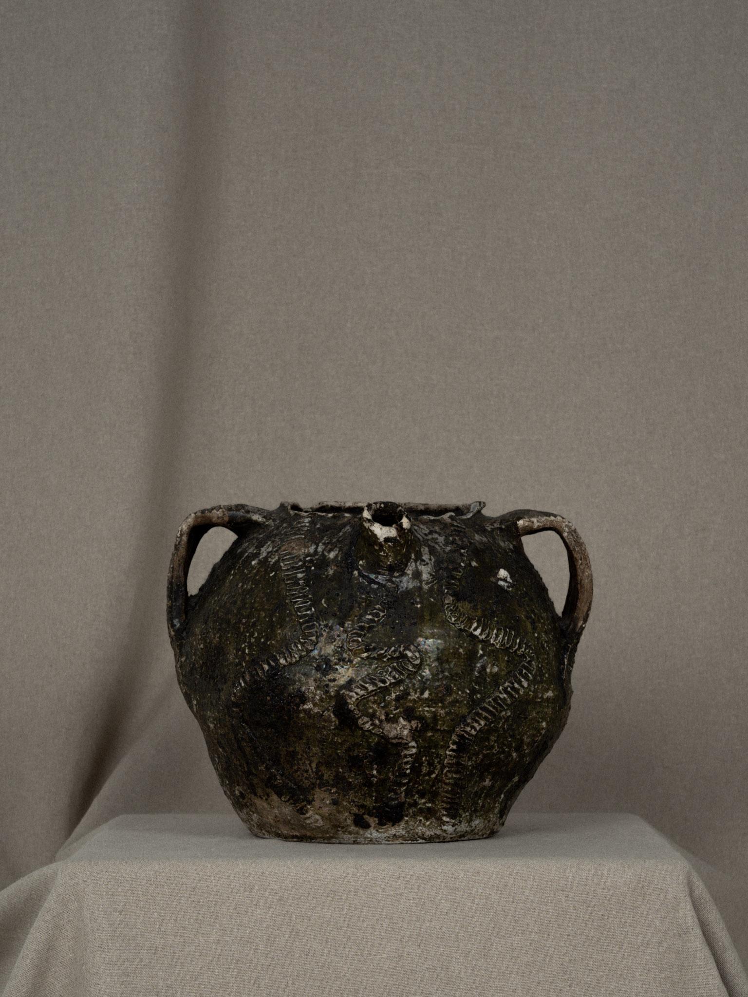 Ceramic Large green heavily textured vessel For Sale