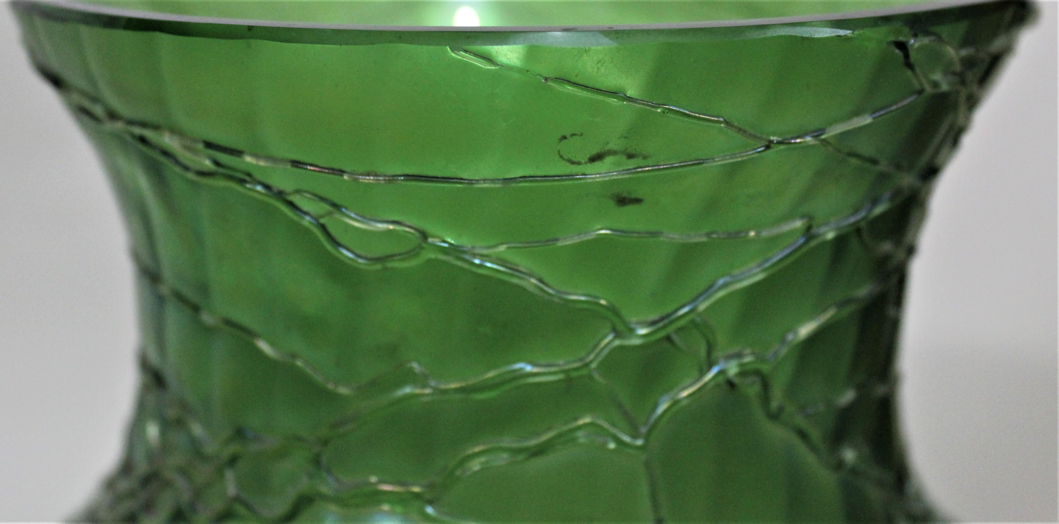 Loetz  Large Green Iridescent Threaded Art Glass Vase 3