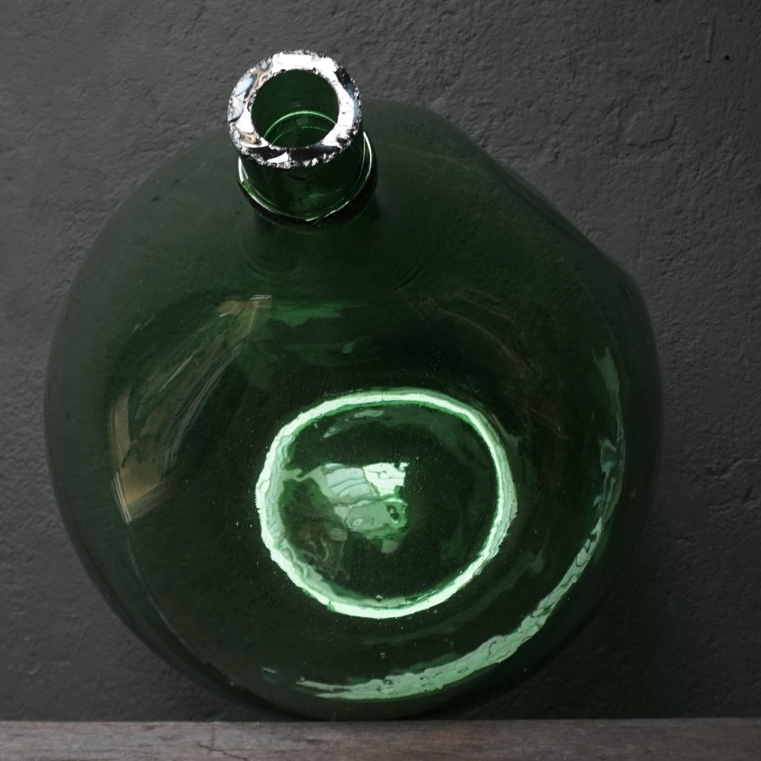 Large Green Italian 19th Century Demi John Hand Blown Glass Bottle with 'dent'  3
