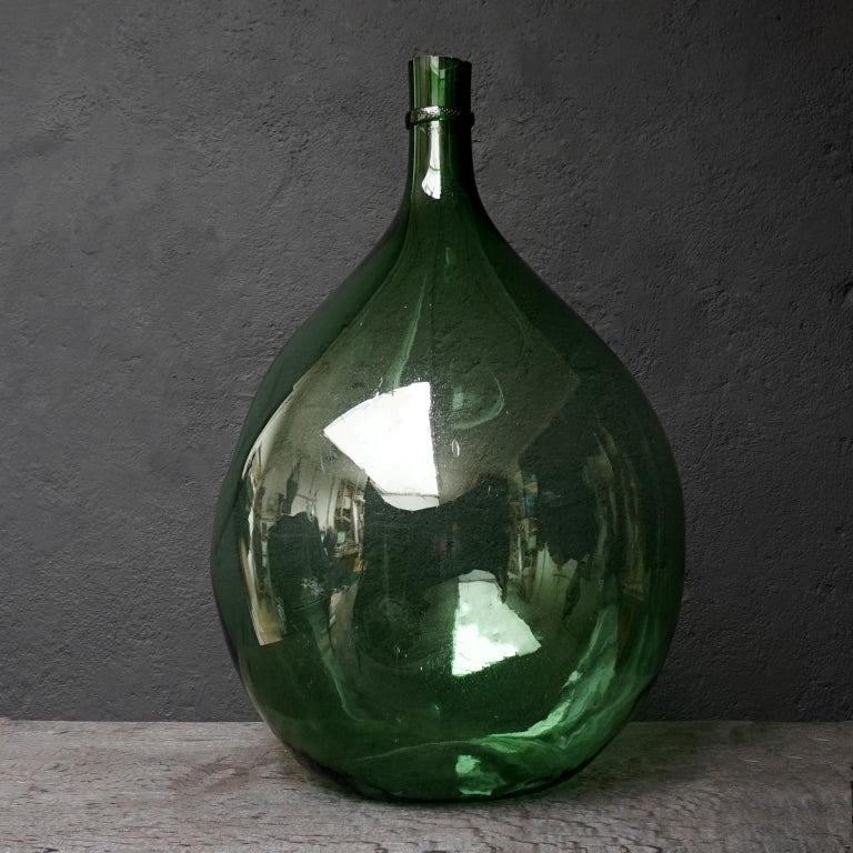 Large Green Italian 19th Century Demi John Hand Blown Glass Bottle with