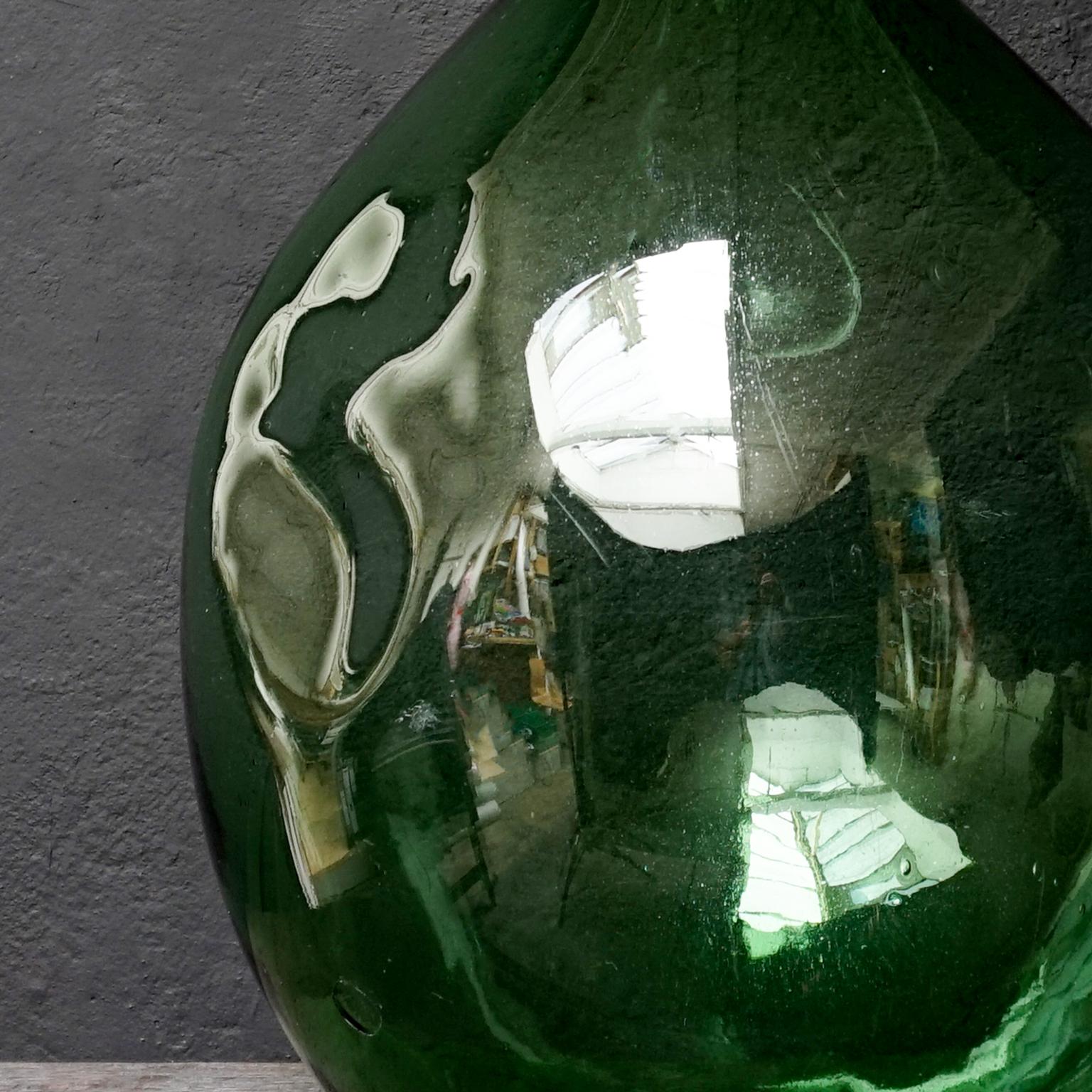 French Large Green Italian 19th Century Demi John Hand Blown Glass Bottle with 'dent'