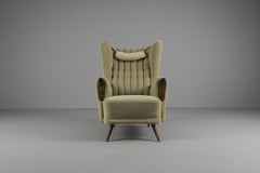 Grand fauteuil italien à dossier en bois et tissu vert, années 1950