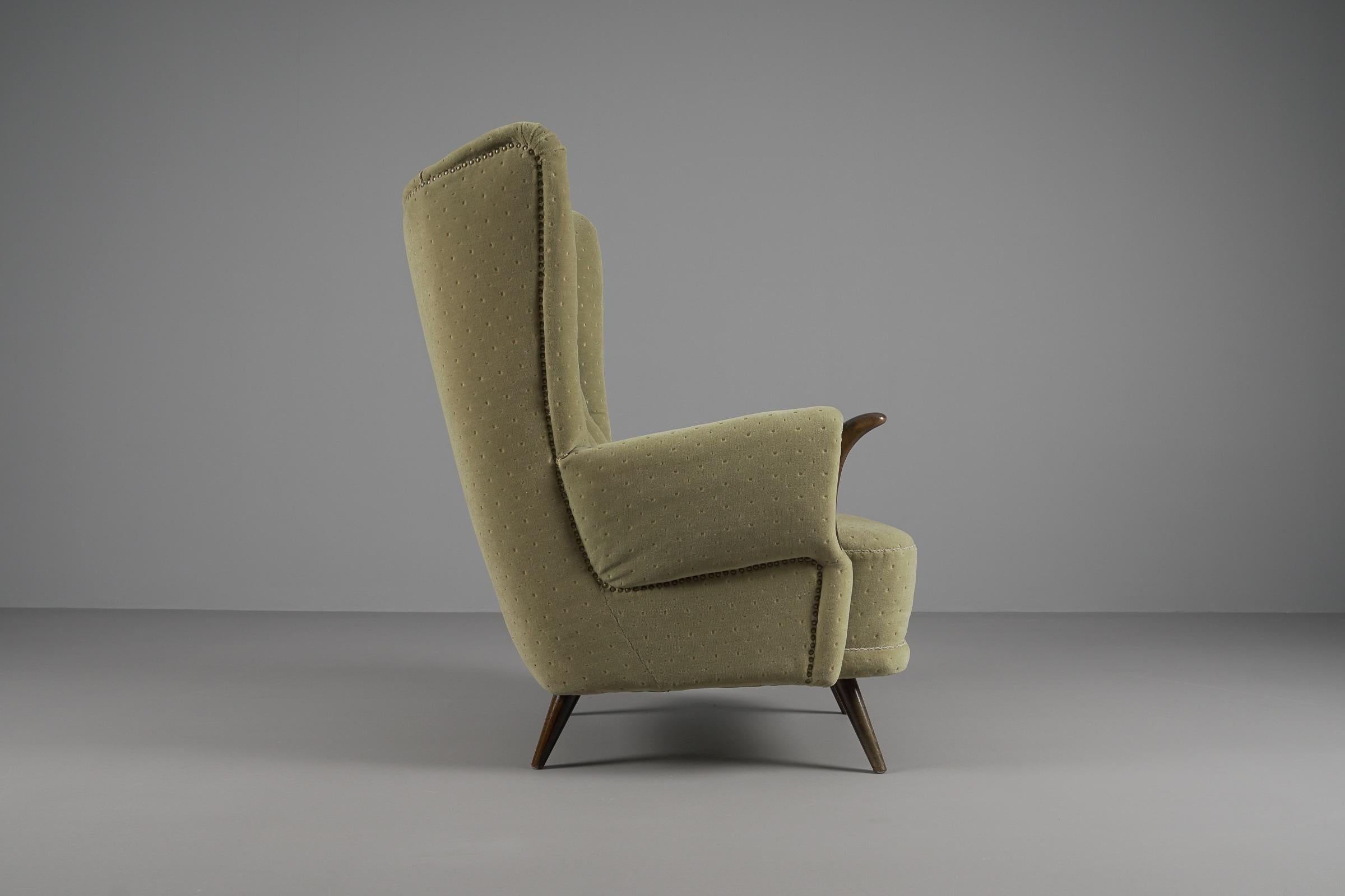 Mid-Century Modern Large Green Italian Wood & Fabric Wingback Armchair, 1950s For Sale