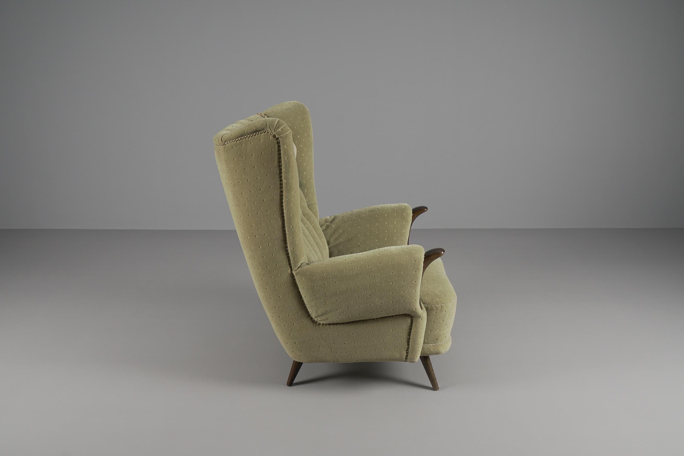 Large Green Italian Wood & Fabric Wingback Armchair, 1950s For Sale 1