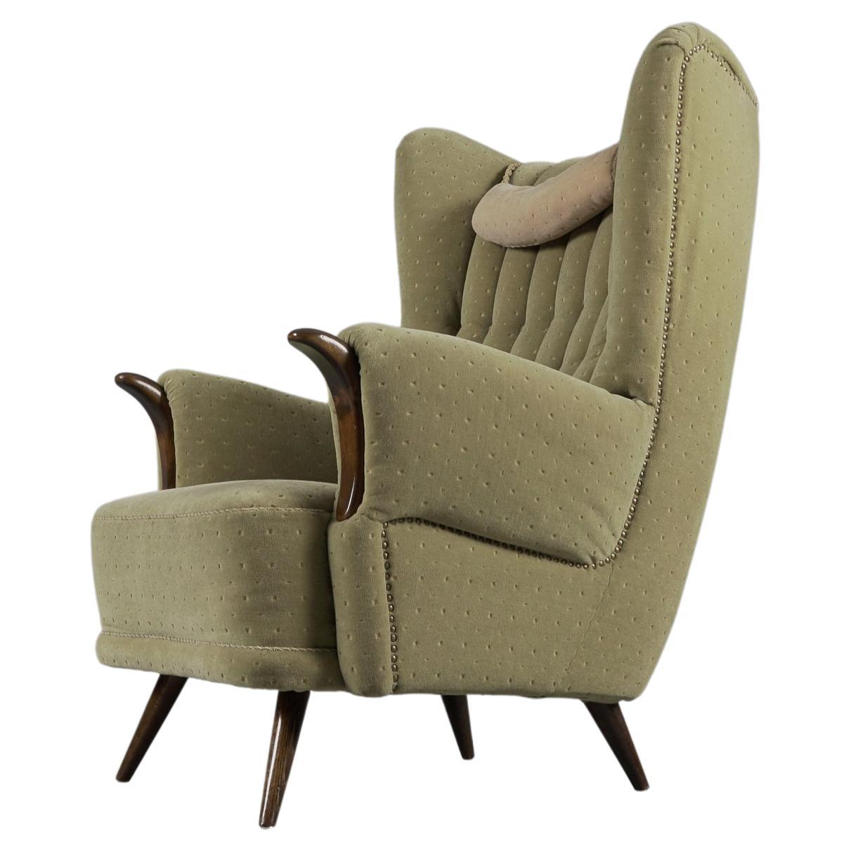 Large Green Italian Wood & Fabric Wingback Armchair, 1950s