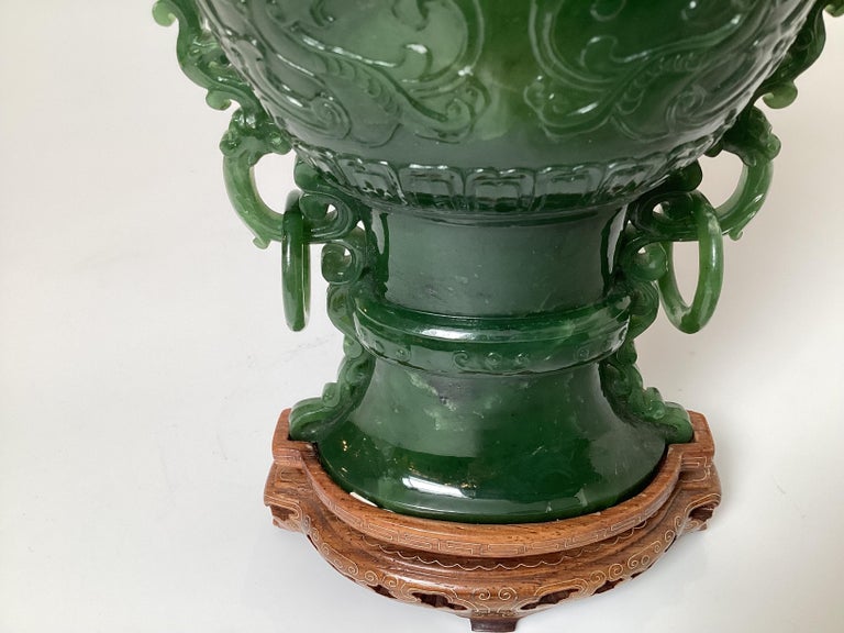 Large Green Jade Vase with Elephant Handles, Early 20th Century For