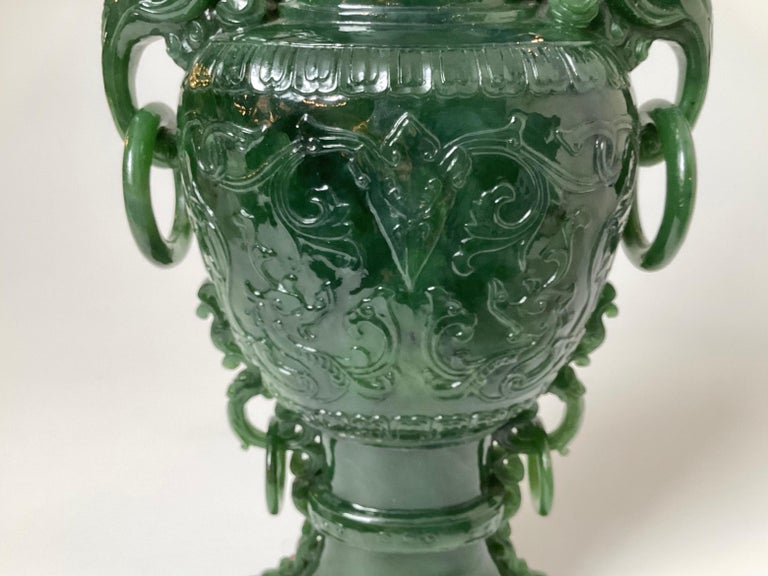 Large Green Jade Vase with Elephant Handles, Early 20th Century For