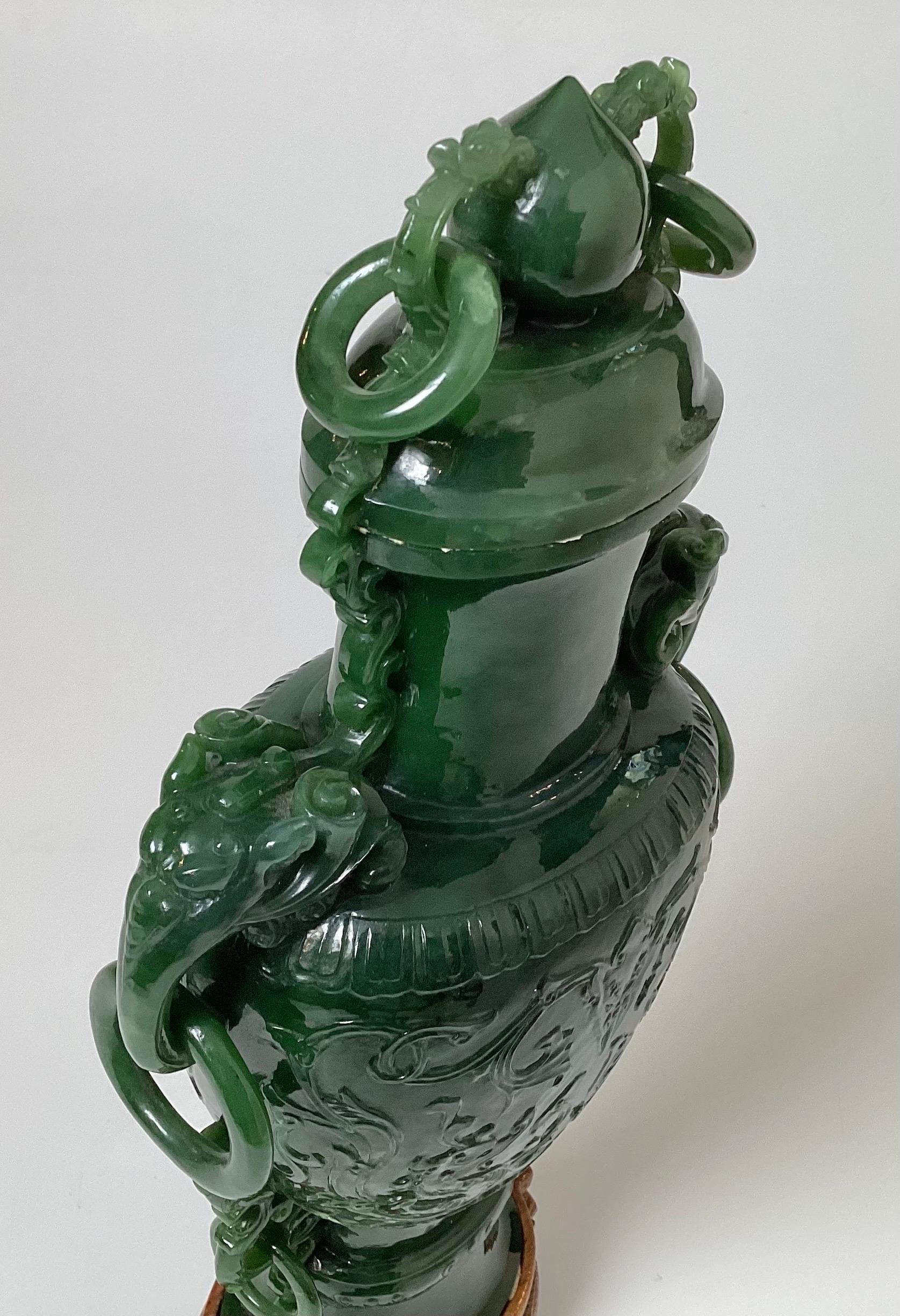 Chinese Large Green Jade Vase with Elephant Handles, Early 20th Century For Sale