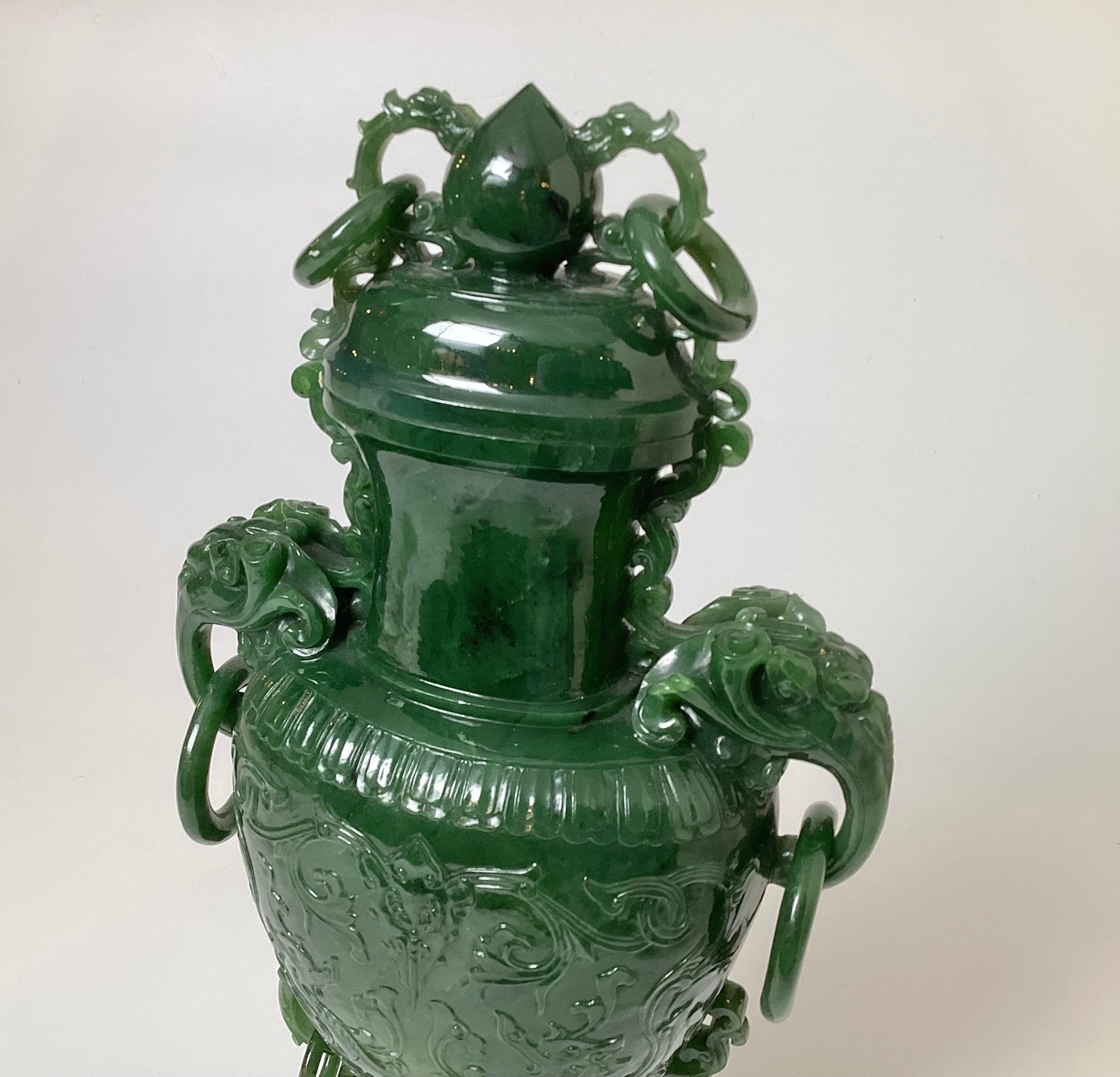 Carved Large Green Jade Vase with Elephant Handles, Early 20th Century For Sale