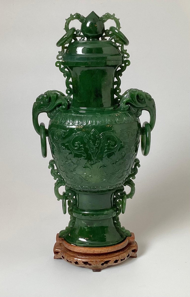 Large Green Jade Vase With Elephant Handles, Late Qing Period For Sale