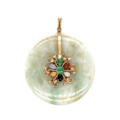 Large Green Jadeite Jade Bi-Disc Pendant 14K Yellow Gold with Multicolored Jade