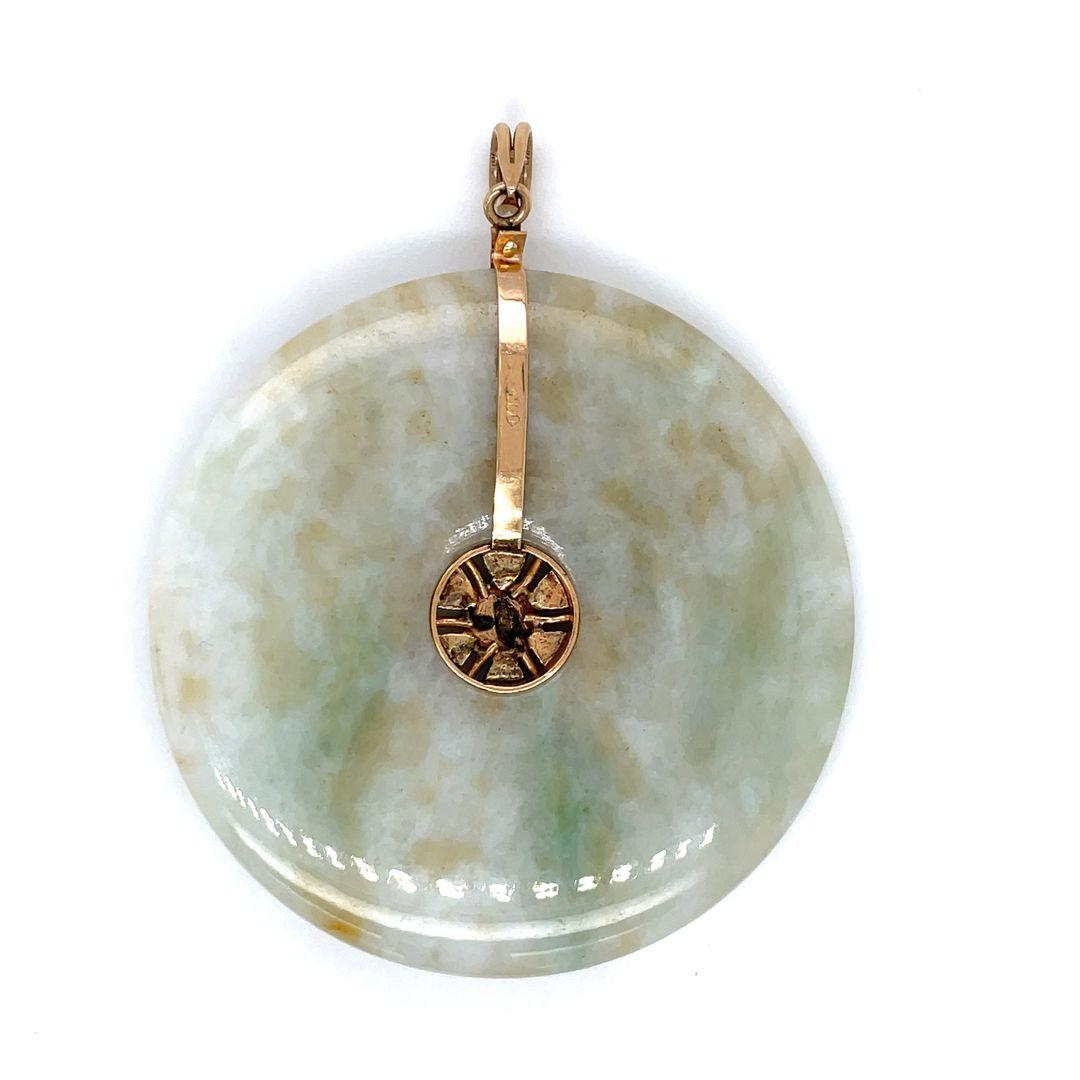 Round Cut Large Green Jadeite Jade Bi-Disc Pendant 14K Yellow Gold with Multicolored Jade For Sale