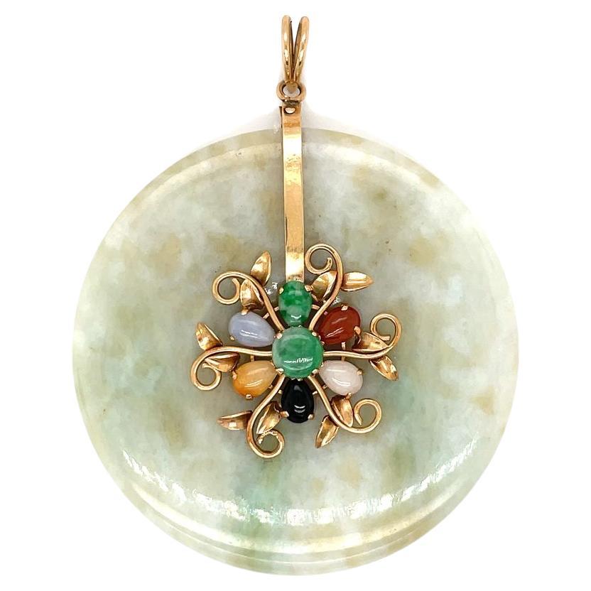 Large Green Jadeite Jade Bi-Disc Pendant 14K Yellow Gold with Multicolored Jade For Sale