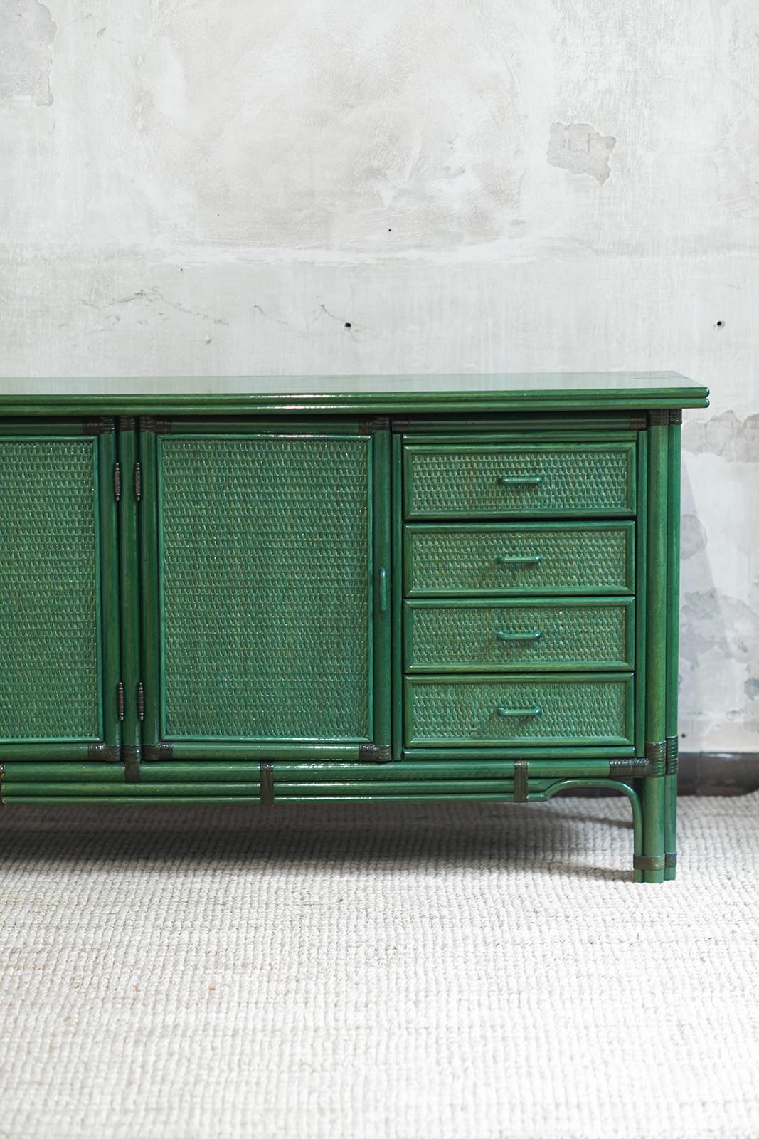 Leather Large green lacquered sideboard, 1980s For Sale