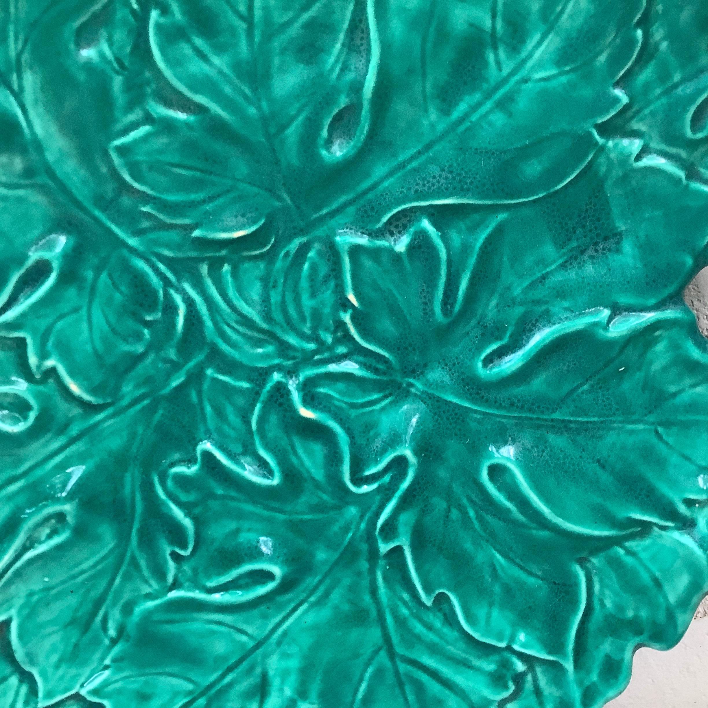 French large green Majolica handled platter with leaves signed Sarreguemines Digoin.