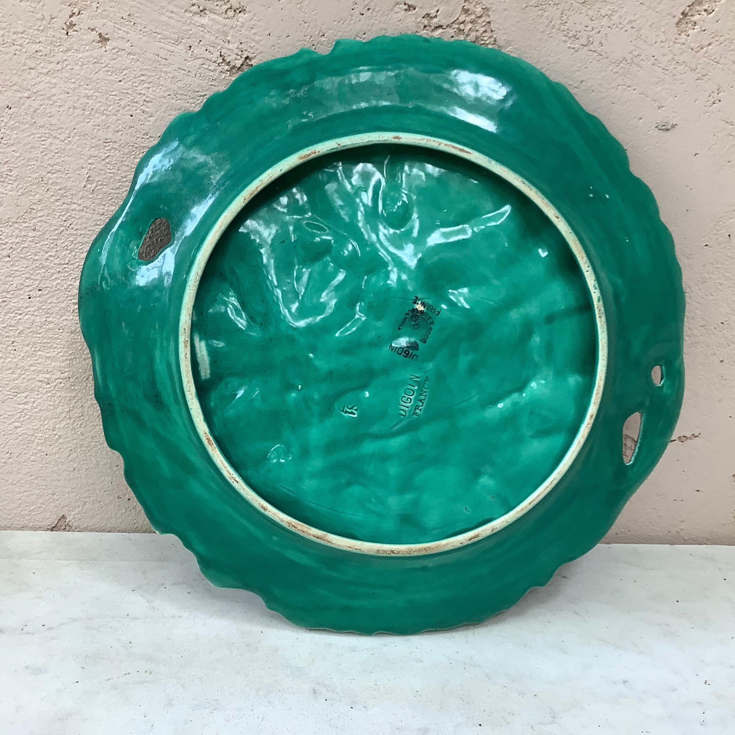 Large Green Majolica Handled Platter Sarreguemines Digoin In Good Condition In Austin, TX