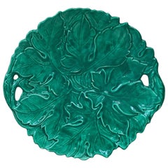 Large Green Majolica Handled Platter Sarreguemines Digoin