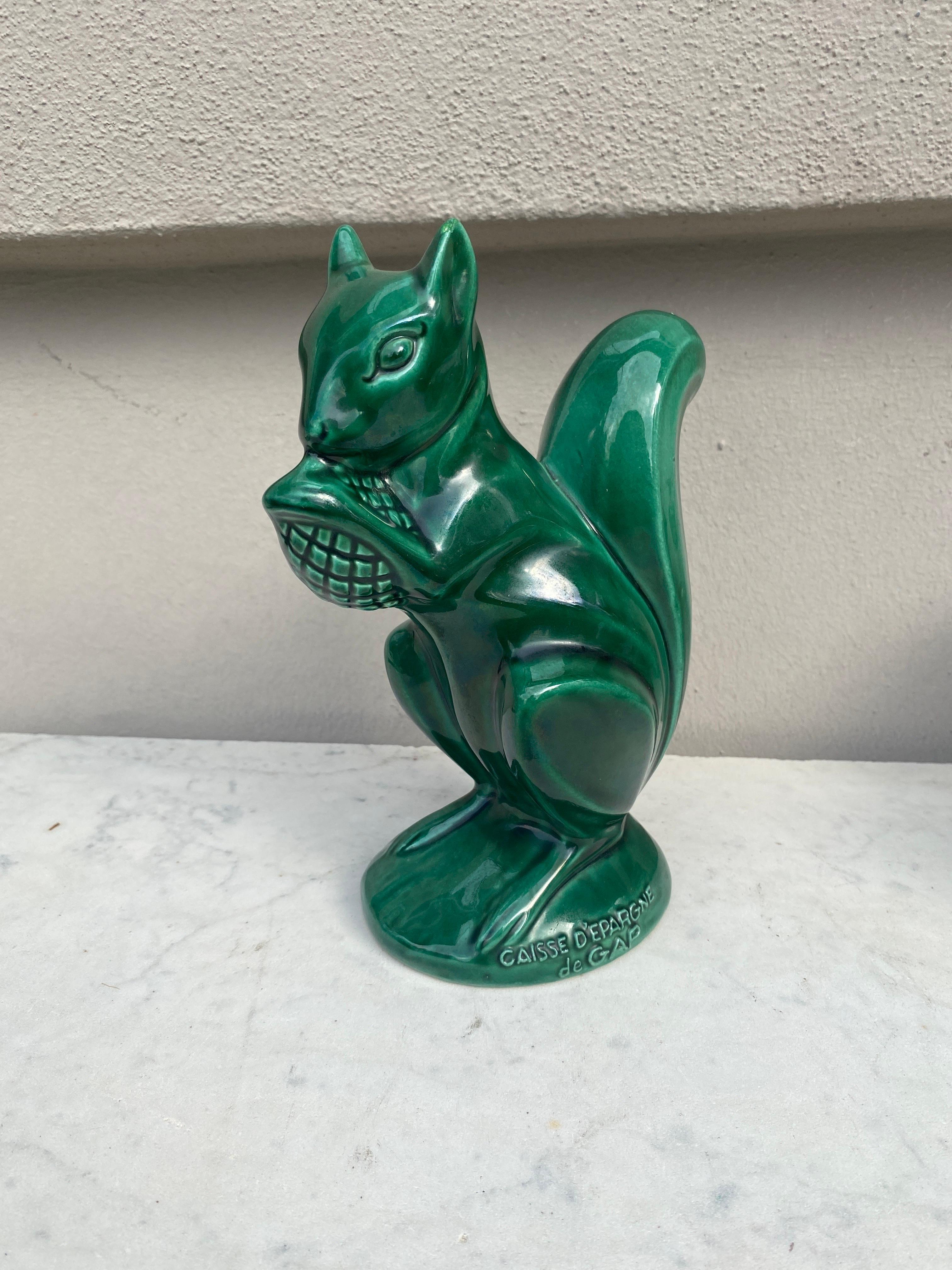 French Large Green Majolica Money Bank Squirrel Circa 1950 For Sale