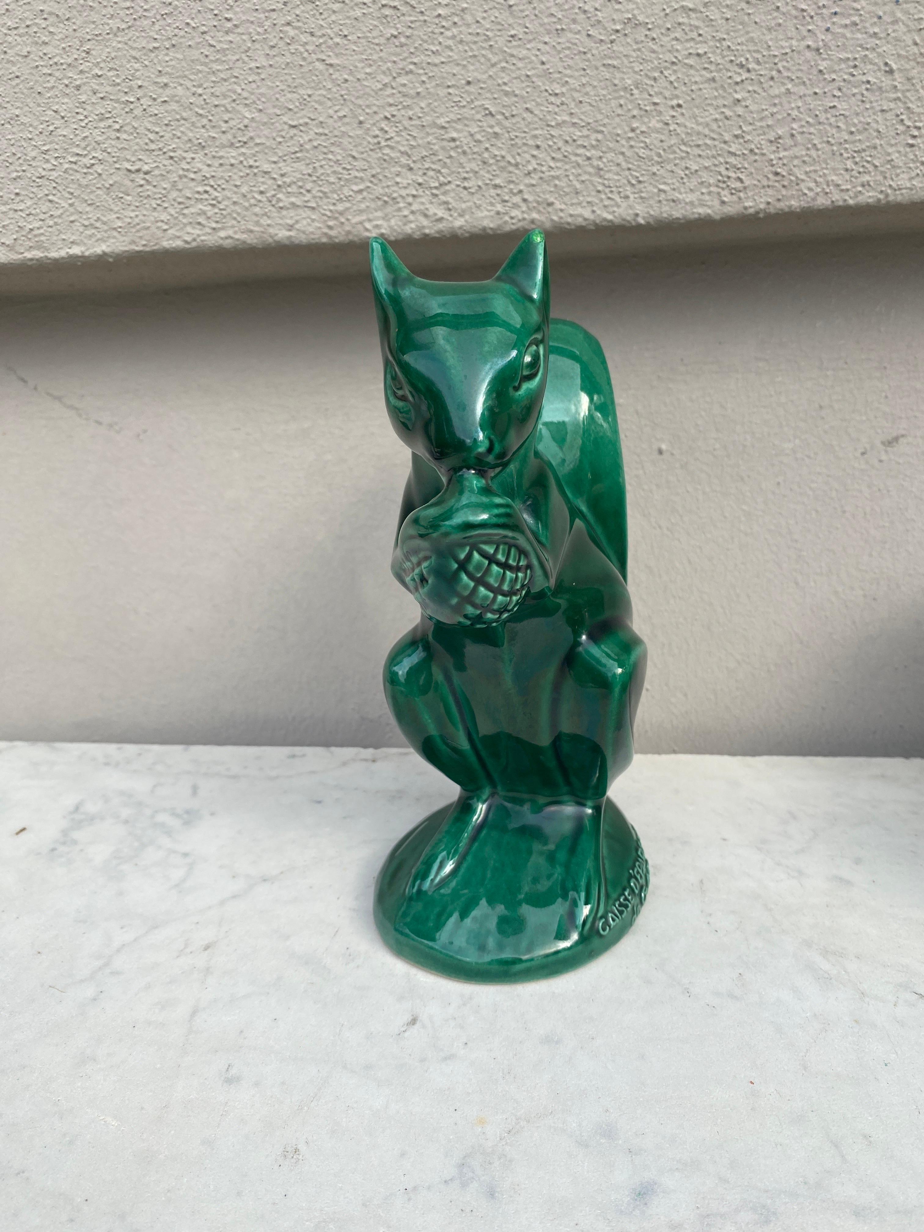 Large Green Majolica Money Bank Squirrel Circa 1950 In Good Condition For Sale In Austin, TX
