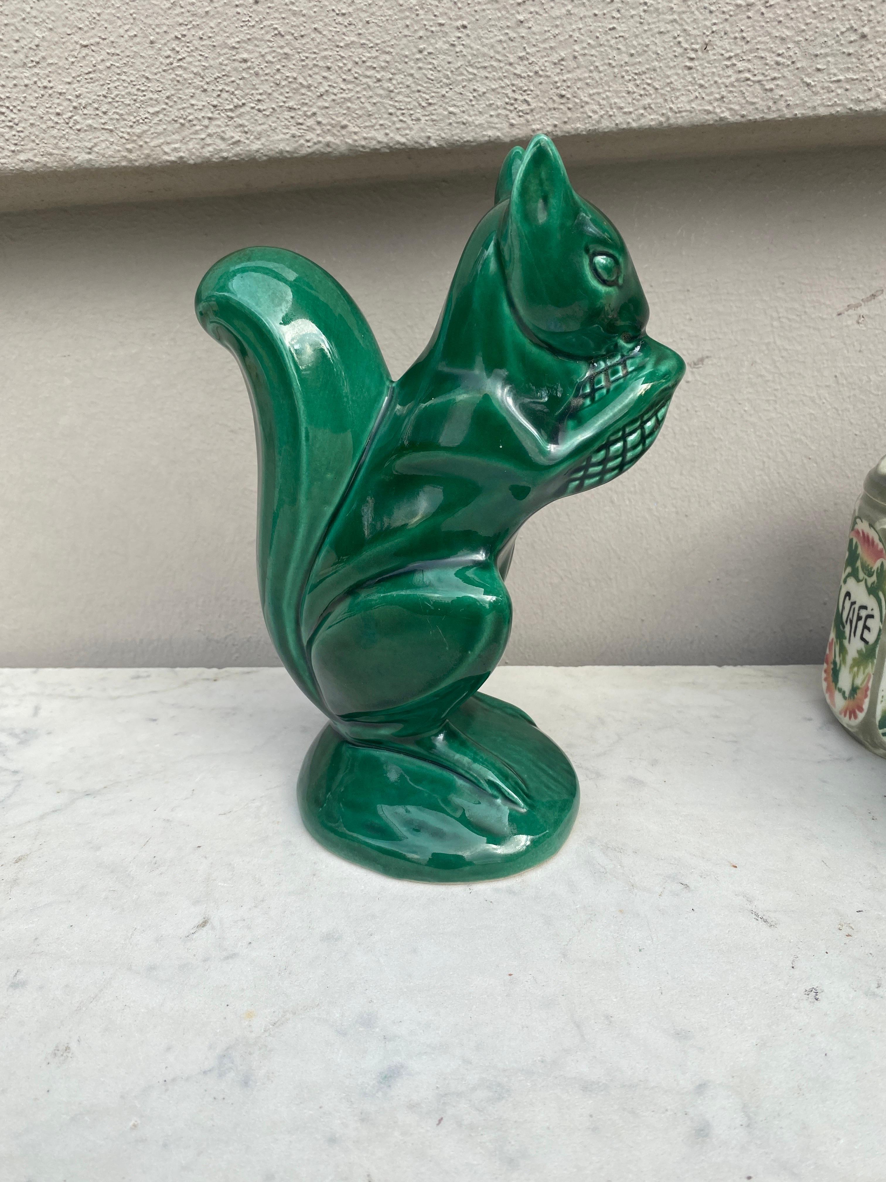 Ceramic Large Green Majolica Money Bank Squirrel Circa 1950 For Sale