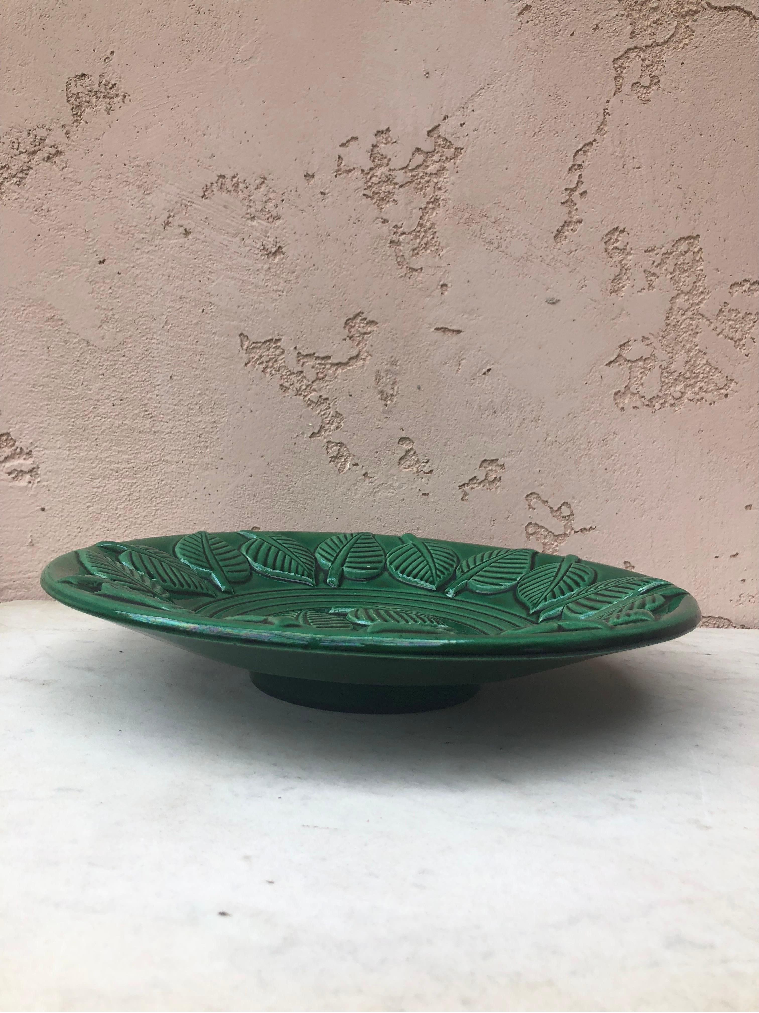 French Large Green Majolica Platter with Leaves Saint Clement, Circa 1950 For Sale