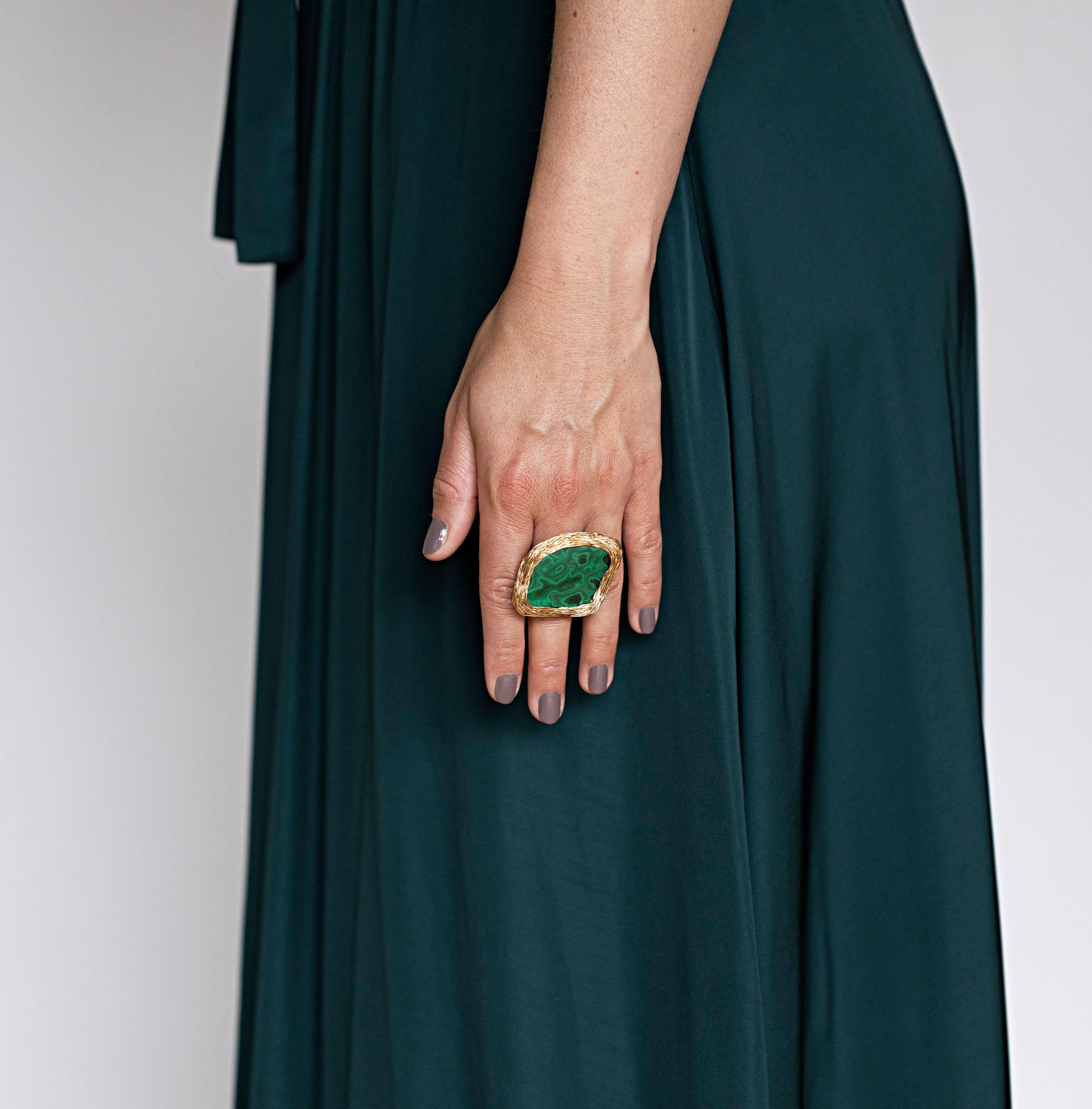 Cushion Cut Greenest Gold and Malachite Statement Cocktail Ring by Sheila Westera London