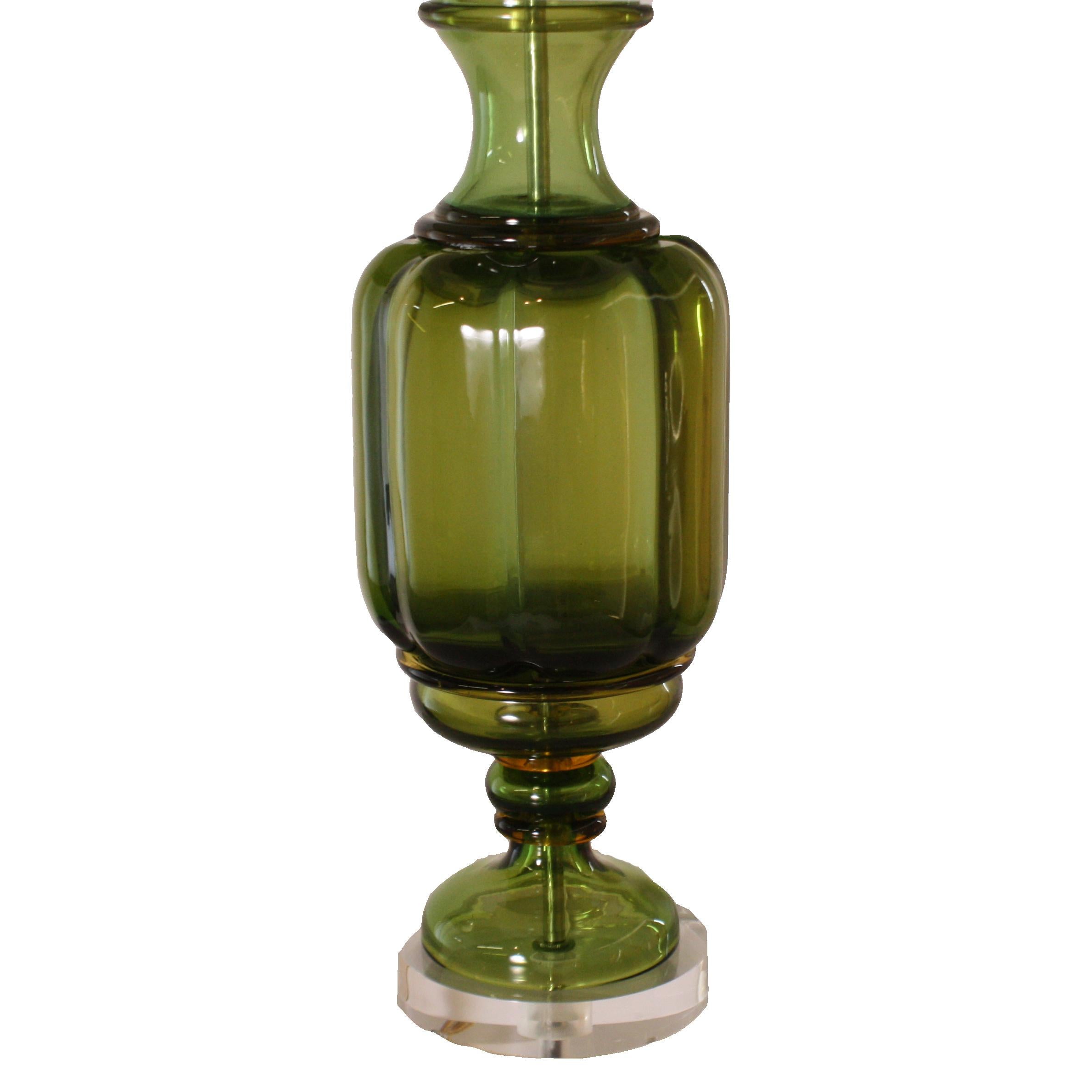Large green Marbro glass lamp, circa 1960

Custom linen shade, crystal ball finial, Lucite base, gold twisted cording.