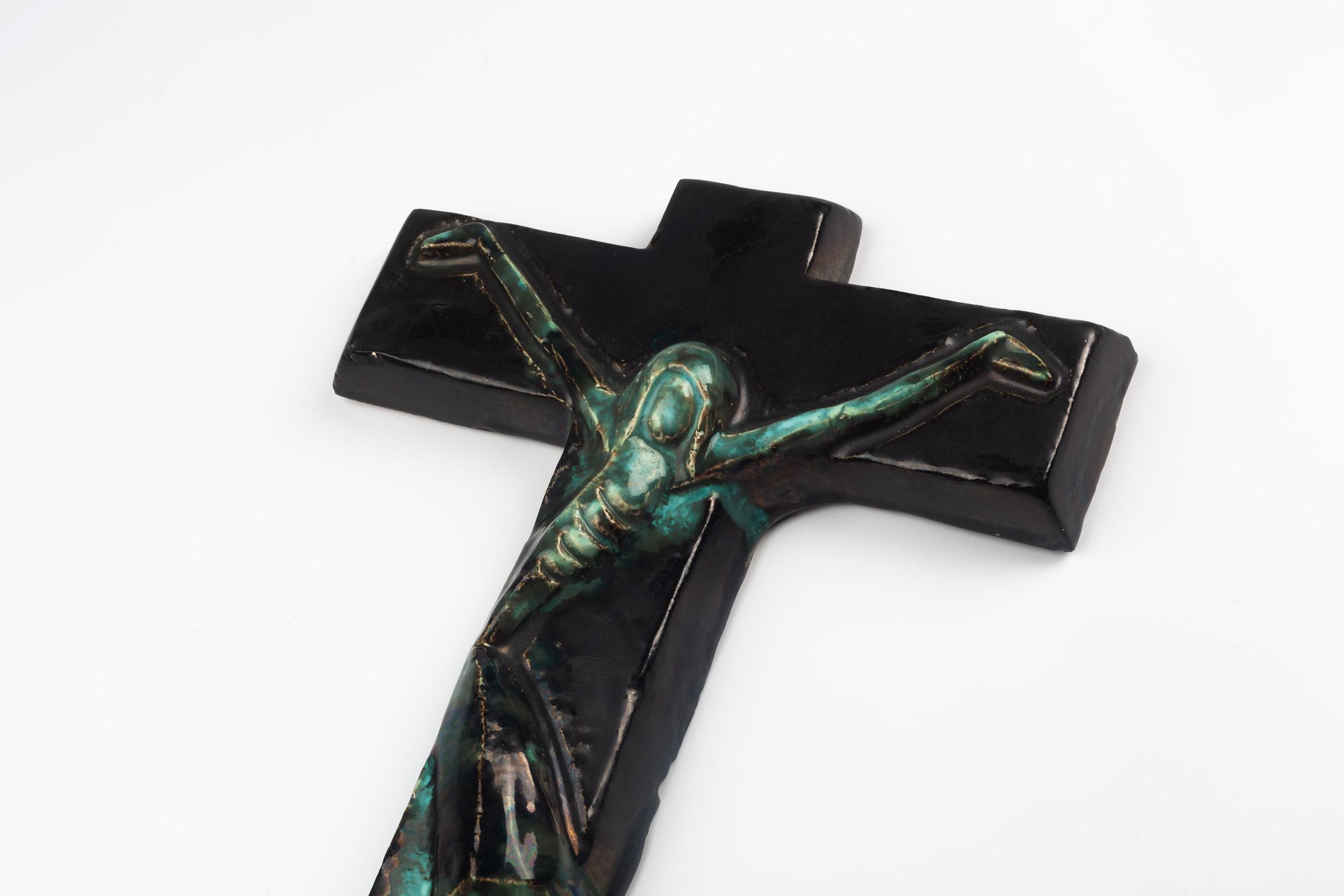 Large Green Mid-Century European Crucifix, Blue, Green, 1960s 4