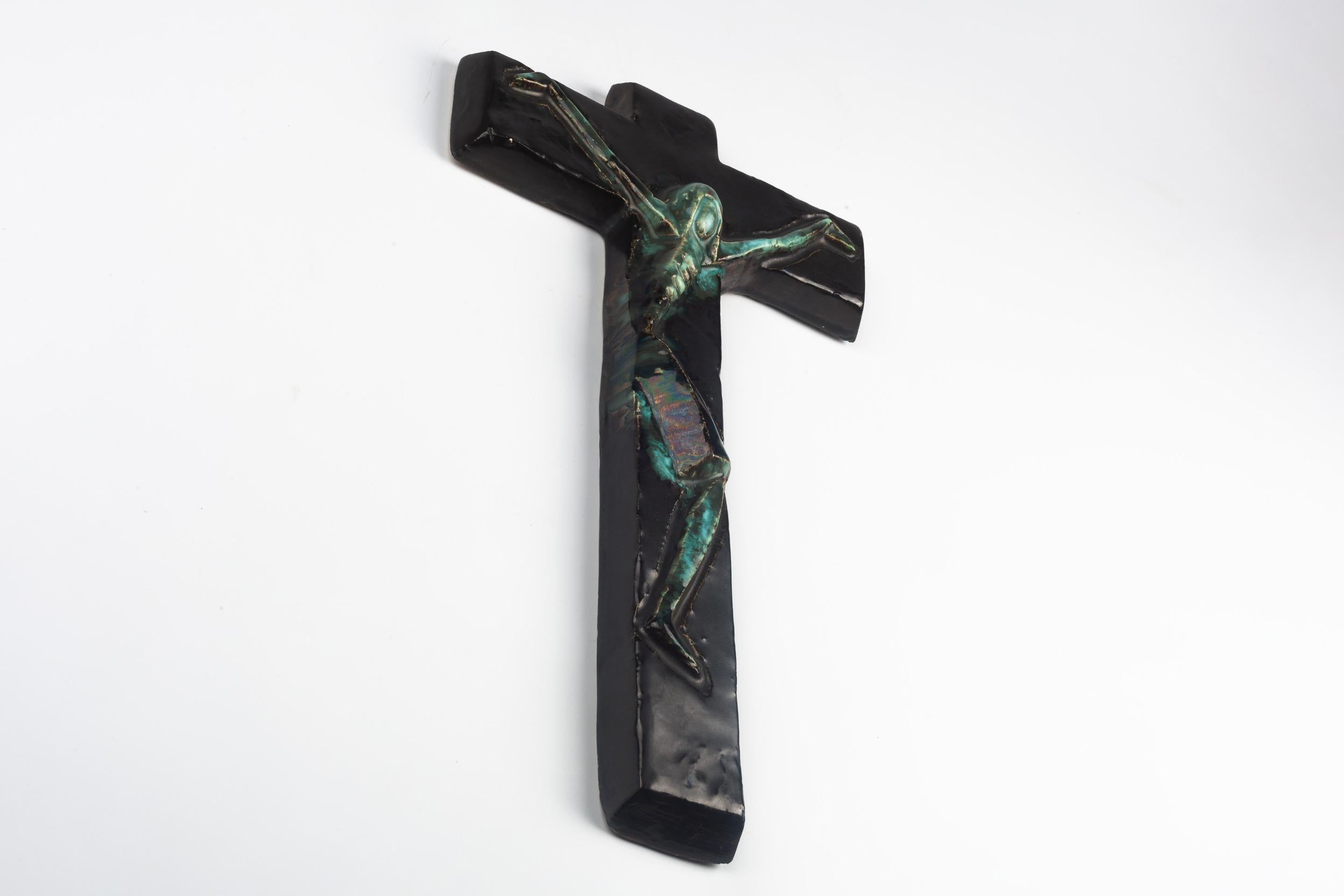 Mid-Century Modern Large Green Mid-Century European Crucifix, Blue, Green, 1960s