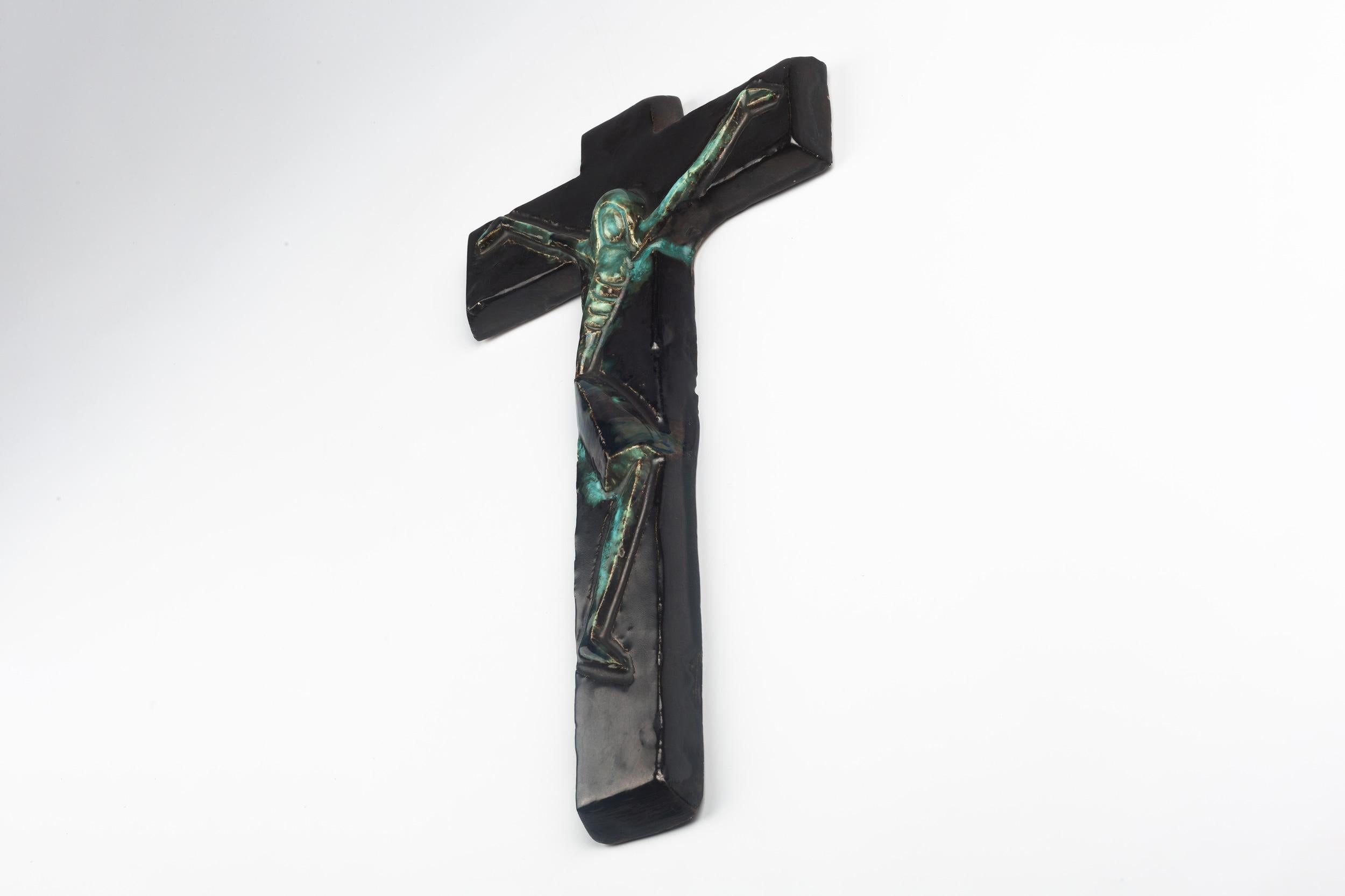Large Green Mid-Century European Crucifix, Blue, Green, 1960s In Good Condition In Chicago, IL