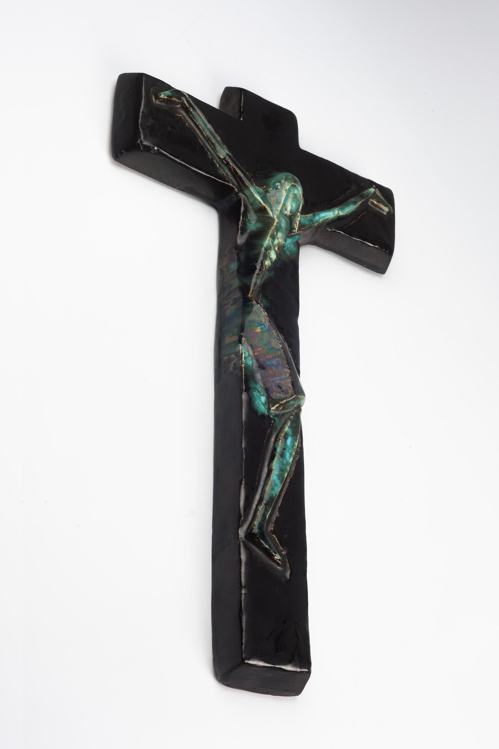 Large Green Mid-Century European Crucifix, Blue, Green, 1960s 2