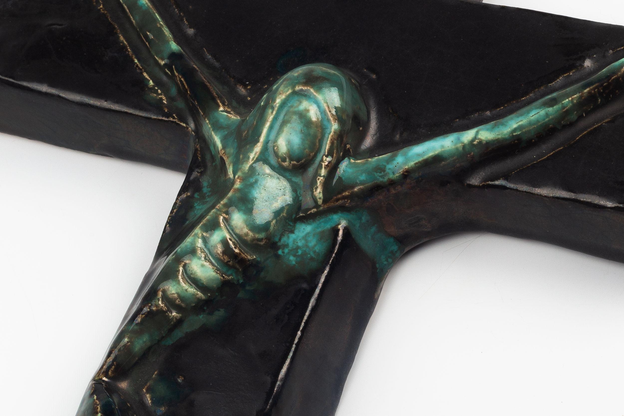 Large Green Mid-Century European Crucifix, Blue, Green, 1960s 3
