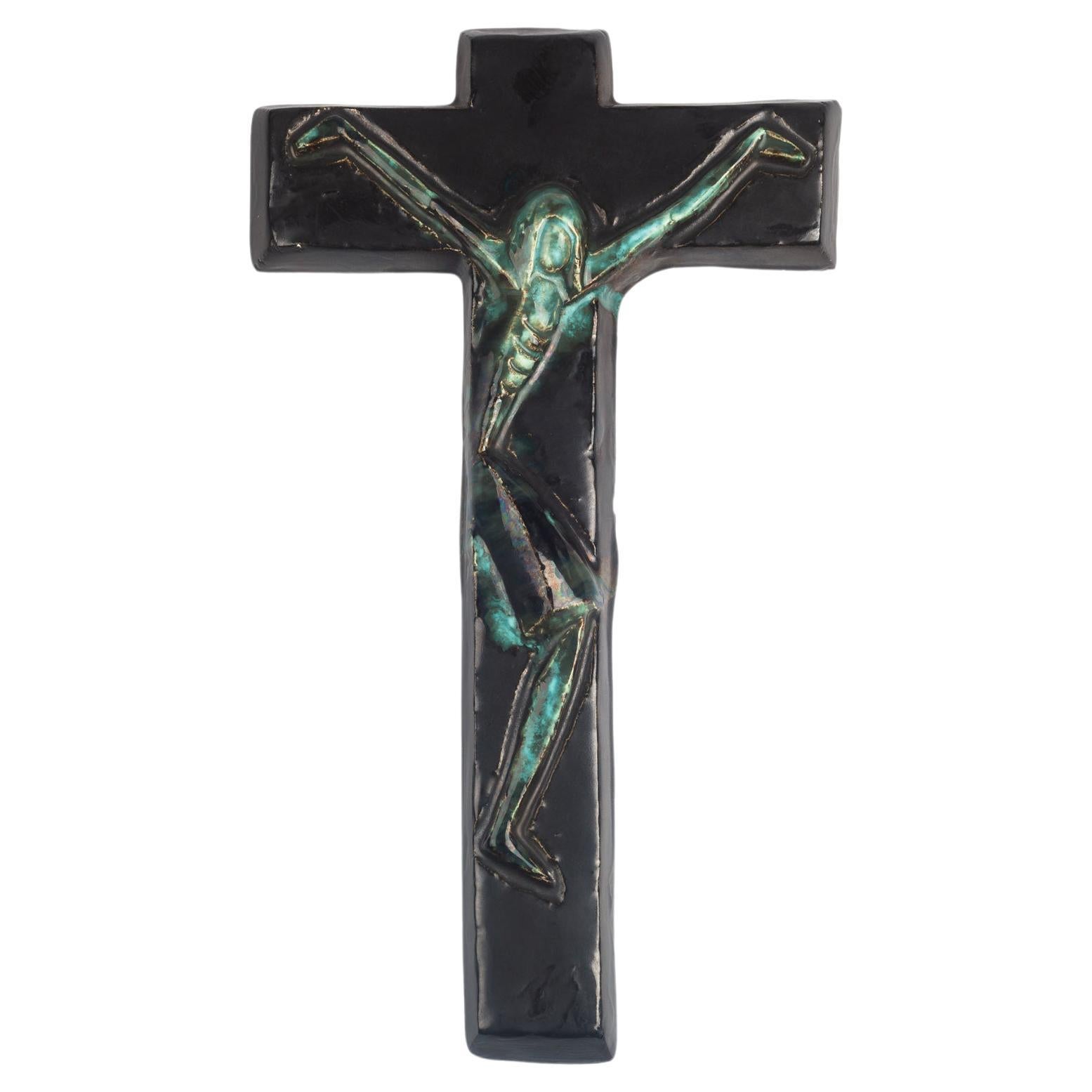 Large Green Mid-Century European Crucifix, Blue, Green, 1960s