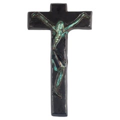 Large Green Mid-Century European Crucifix, Blue, Green, 1960s