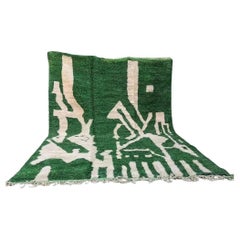 Large Green Modern Moroccan Wool Beni M'Rirt Rug with Abstract Tribal Design