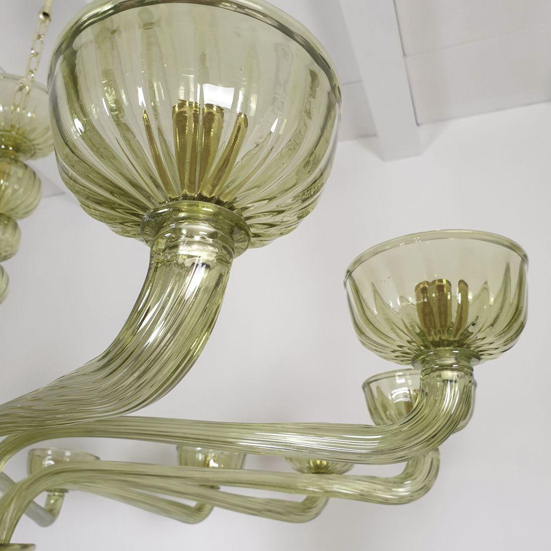 Gold Plate Large Green Murano glass chandelier, Italy