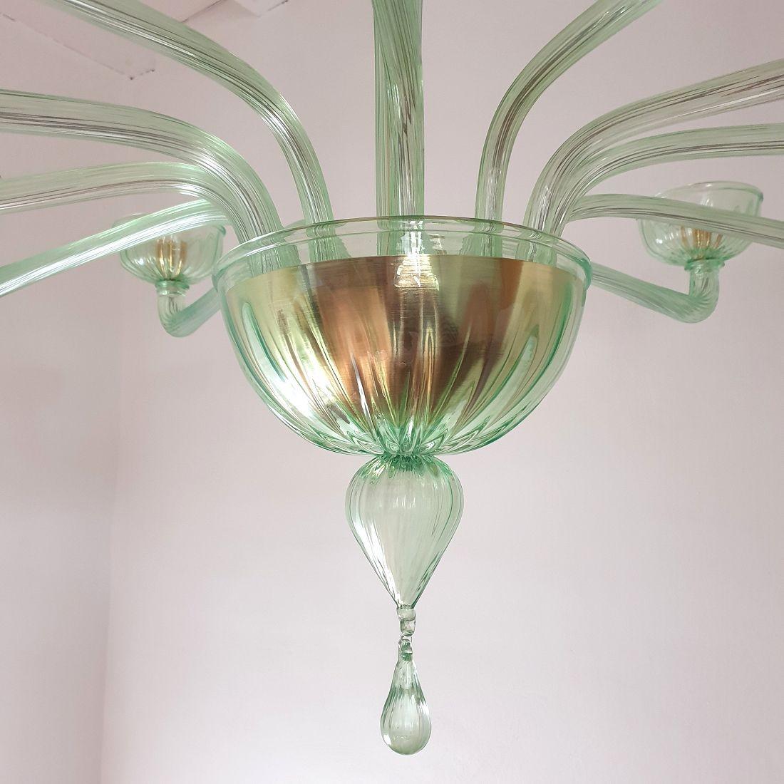 Gold Plate Large green Murano glass chandelier, Mid Century For Sale