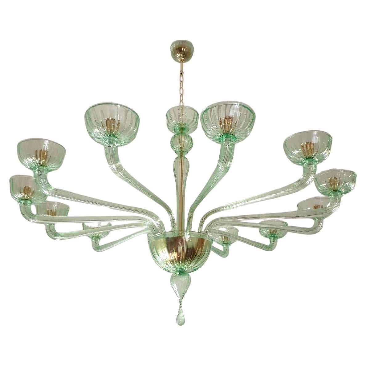 Large green Murano glass chandelier, Mid Century For Sale