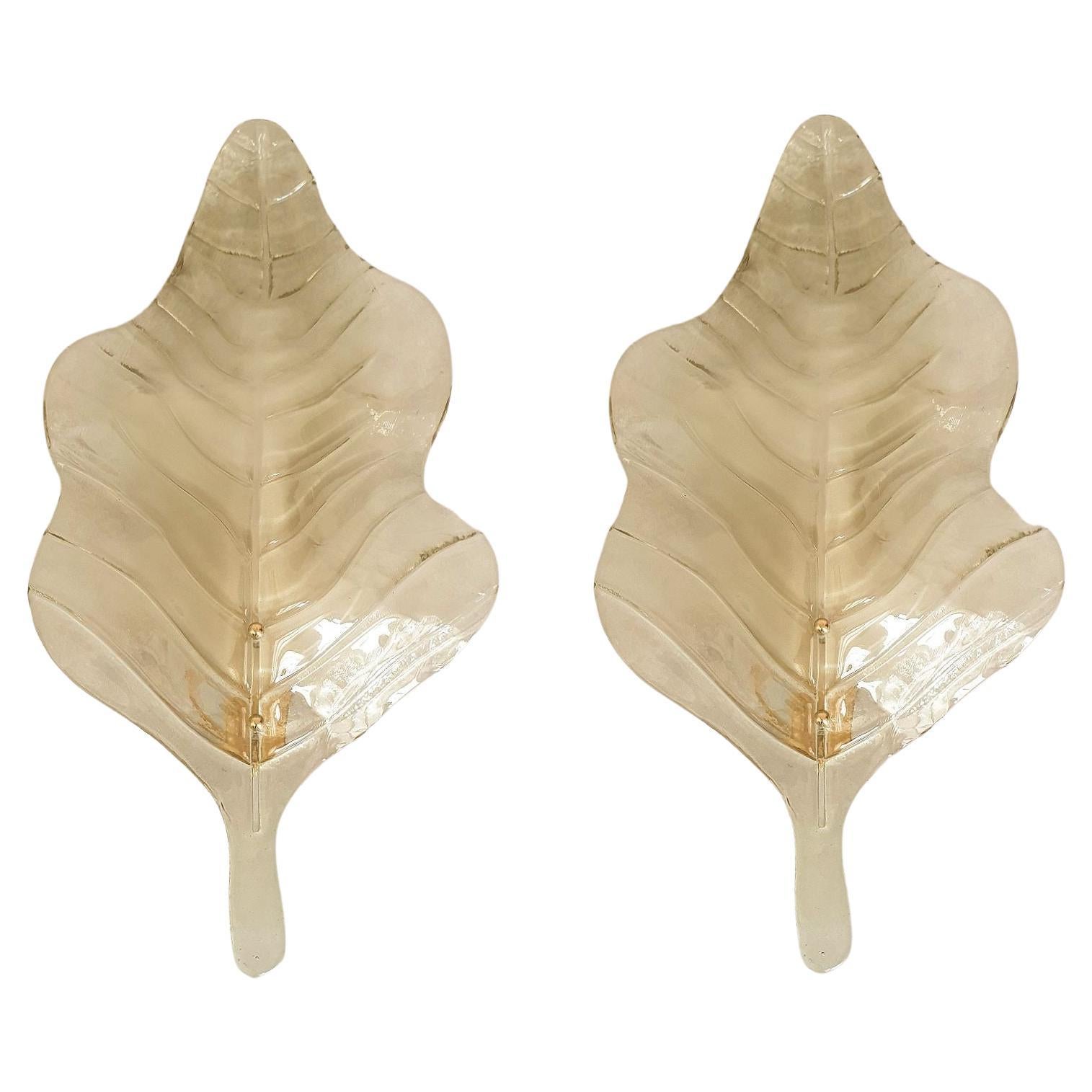 Large green Murano glass leaf sconces - a pair