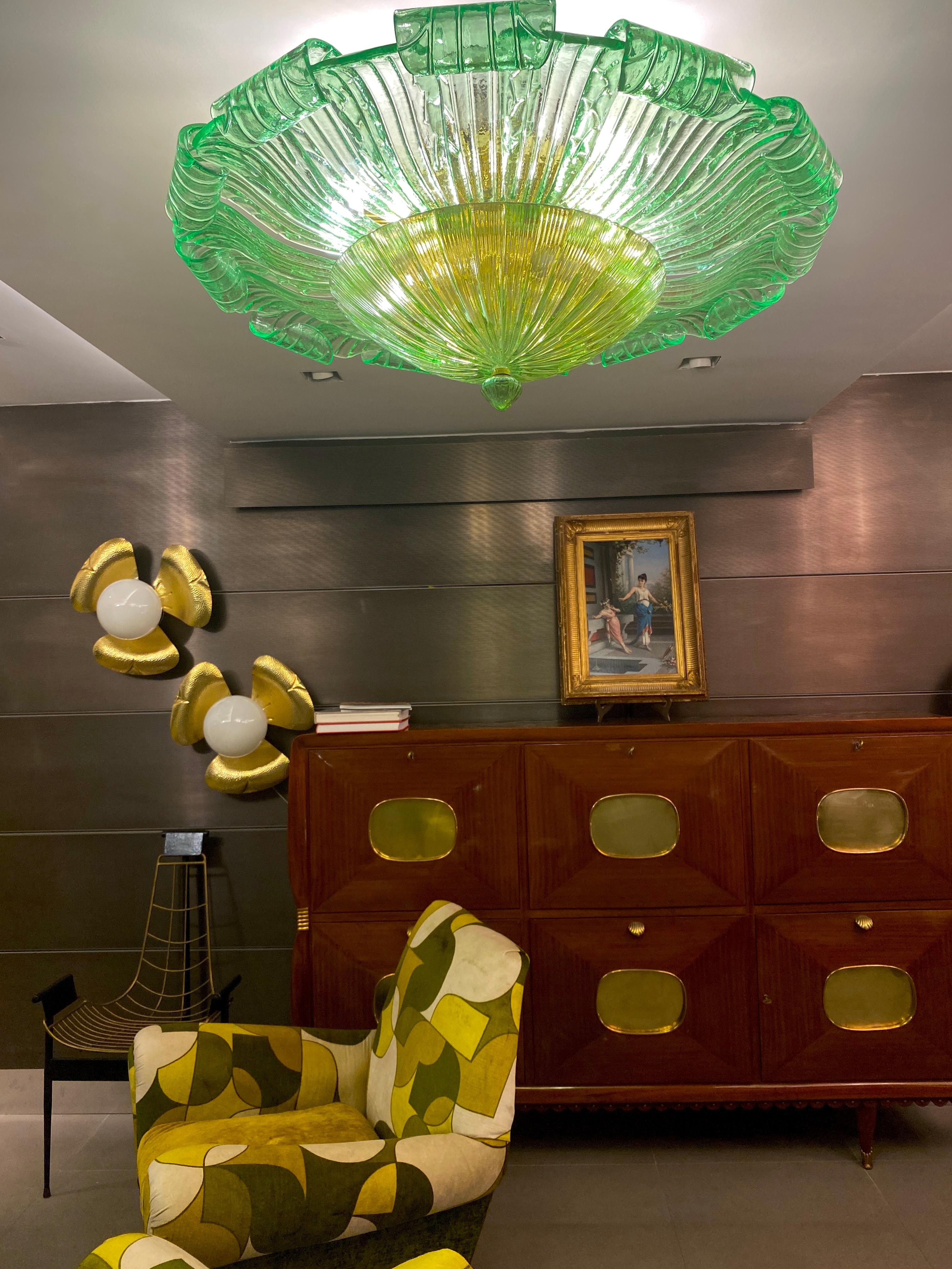 Large Green Murano Glass Leave Ceiling Light or Flush Mount For Sale 9