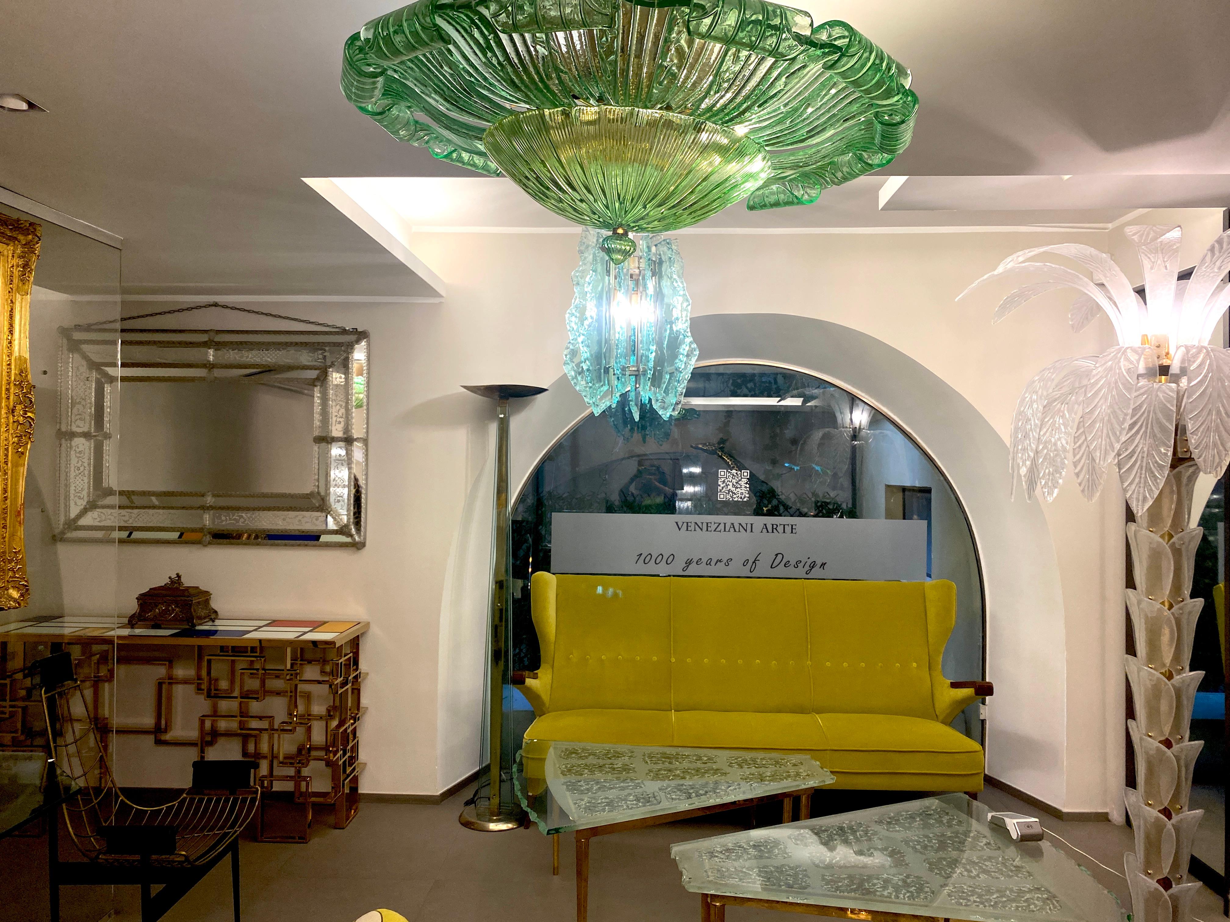Contemporary Large Green Murano Glass Leave Ceiling Light or Flush Mount For Sale