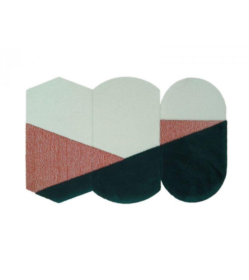 Large green Oci rug Triptych by Seraina Lareida
Dimensions: W 450 x H 280 cm 
Materials: 100% New Zeland top-quality wool.
Available in sizes Small and Medium. Also available in colors: Brick brown/Pink, Yellow/Gray, Bordeaux/Ecru, and