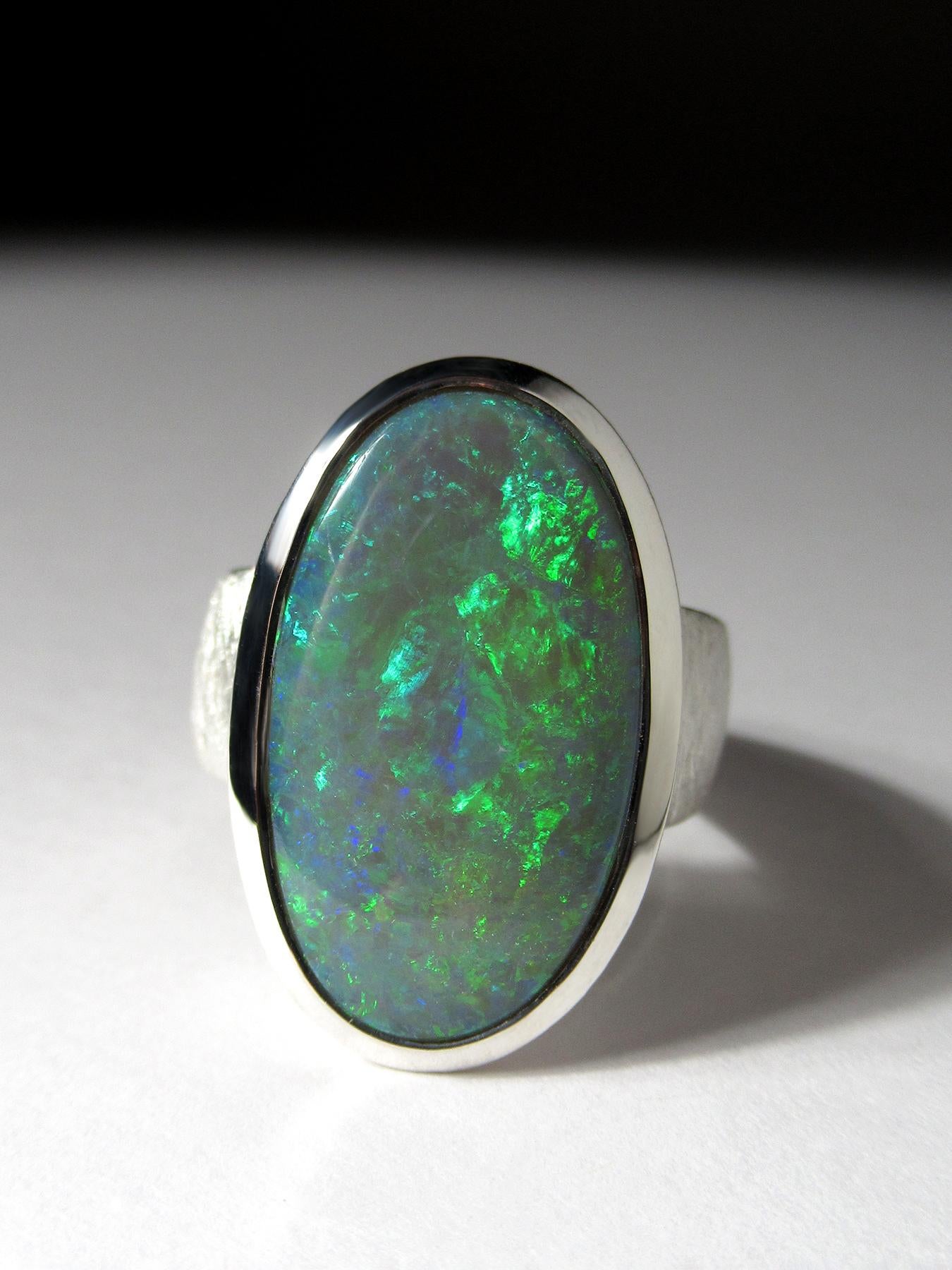 Oval Cut Large Green Opal Silver Ring For Sale